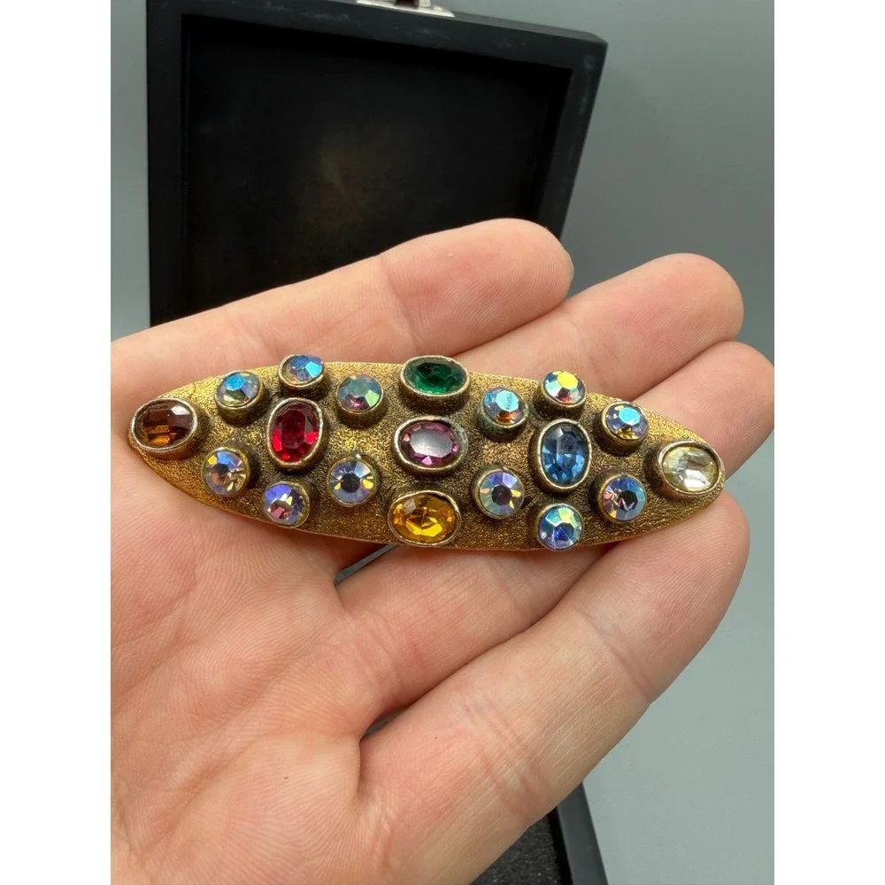Vintage Art Deco Style Brooch 1950s Multi Color Rhinestones Gold Tone #1057